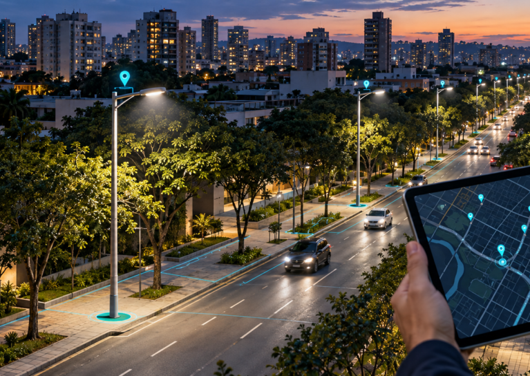 Ilustração de cadastro de iluminação pública, com luminárias georreferenciadas em avenida e mapa digital em tablet.